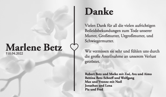 Traueranzeige von Marlene Betz von Leonberger Kreiszeitung / Strohgäu Extra