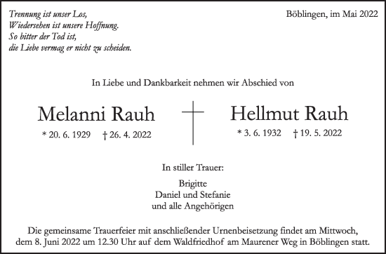 Traueranzeige von Melanni Rauh von Leonberger Kreiszeitung / Strohgäu Extra