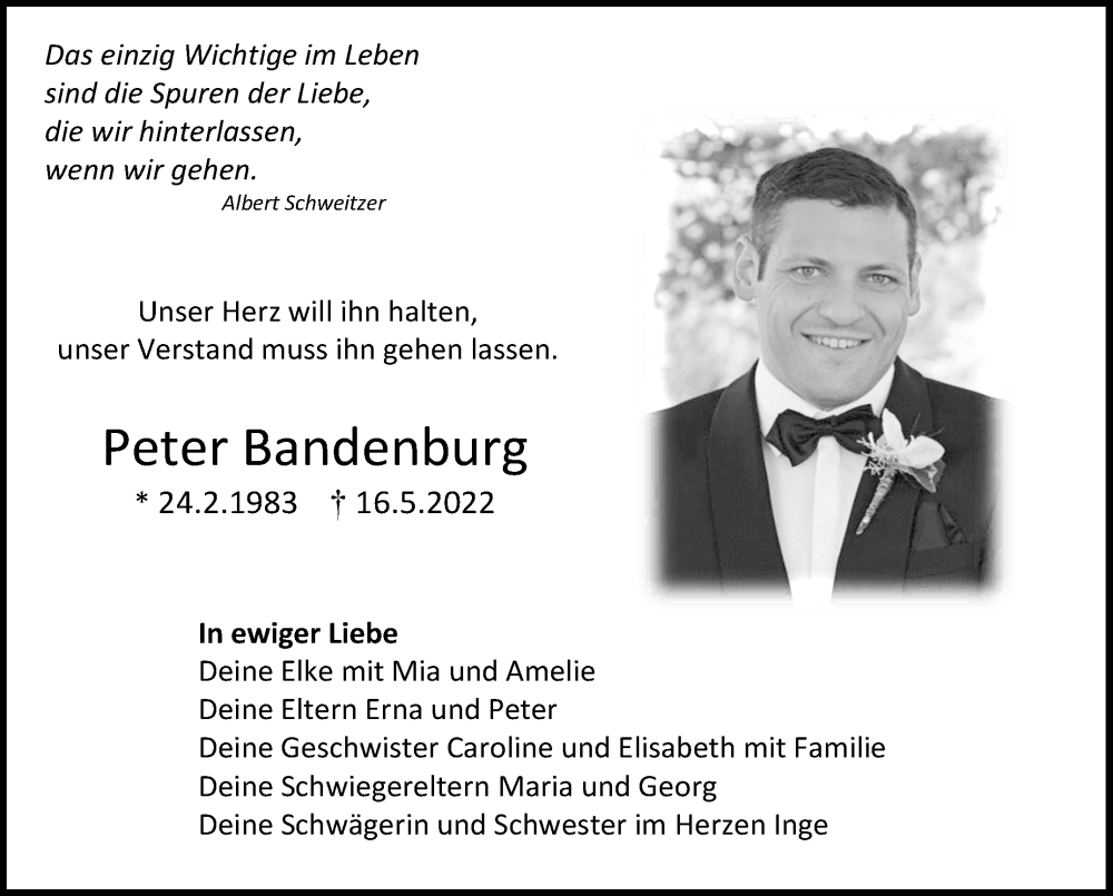  Traueranzeige für Peter Bandenburg vom 27.05.2022 aus Leonberger Kreiszeitung / Strohgäu Extra