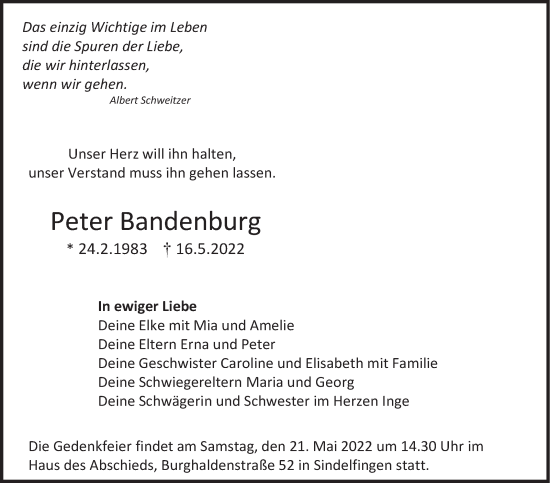 Traueranzeige von Peter Bandenburg von Leonberger Kreiszeitung / Strohgäu Extra