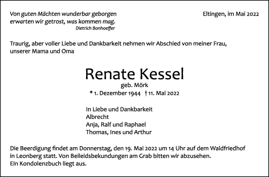 Traueranzeige von Renate Kessel von Leonberger Kreiszeitung / Strohgäu Extra