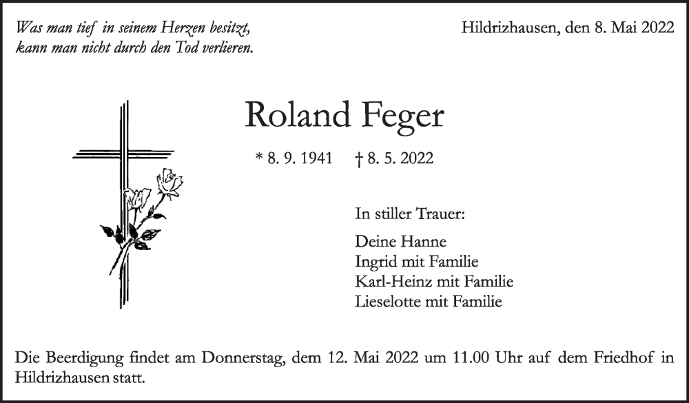  Traueranzeige für Roland Feger vom 10.05.2022 aus Leonberger Kreiszeitung / Strohgäu Extra
