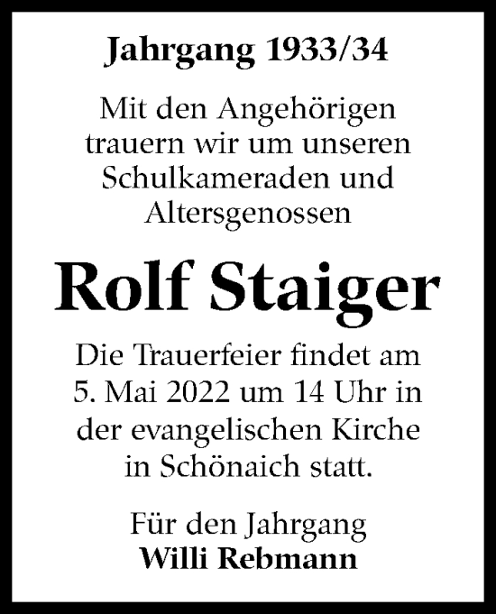 Traueranzeige von Rolf Staiger von Leonberger Kreiszeitung / Strohgäu Extra