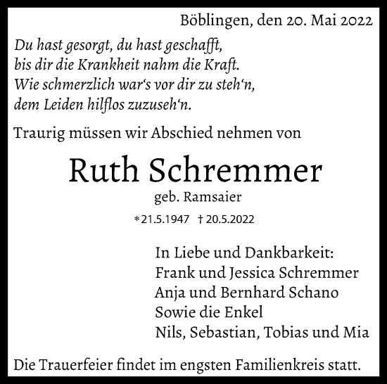 Traueranzeige von Ruth Schremmer von Leonberger Kreiszeitung / Strohgäu Extra