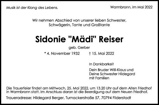 Traueranzeige von Sidonie Reiser von Leonberger Kreiszeitung / Strohgäu Extra