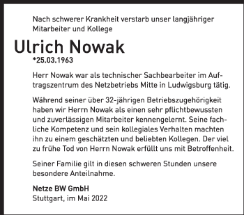Traueranzeige von Ulrich Nowak von Leonberger Kreiszeitung / Strohgäu Extra
