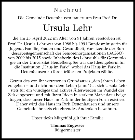 Traueranzeige von Ursula Lehr von Leonberger Kreiszeitung / Strohgäu Extra