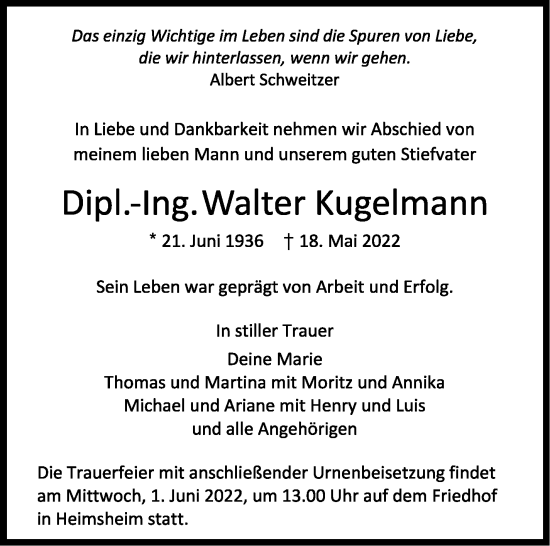 Traueranzeige von Walter Kugelmann von Leonberger Kreiszeitung / Strohgäu Extra