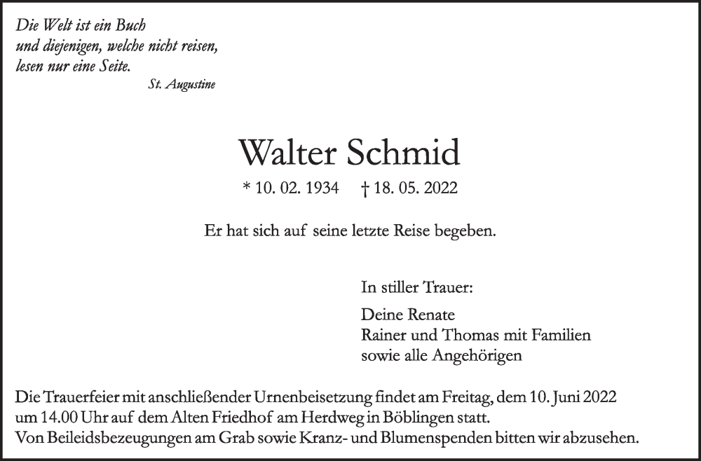  Traueranzeige für Walter Schmid vom 28.05.2022 aus Leonberger Kreiszeitung / Strohgäu Extra
