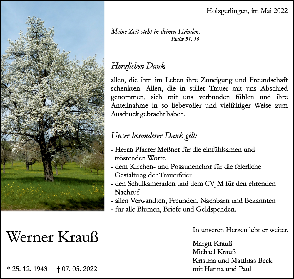  Traueranzeige für Werner Krauß vom 28.05.2022 aus Leonberger Kreiszeitung / Strohgäu Extra