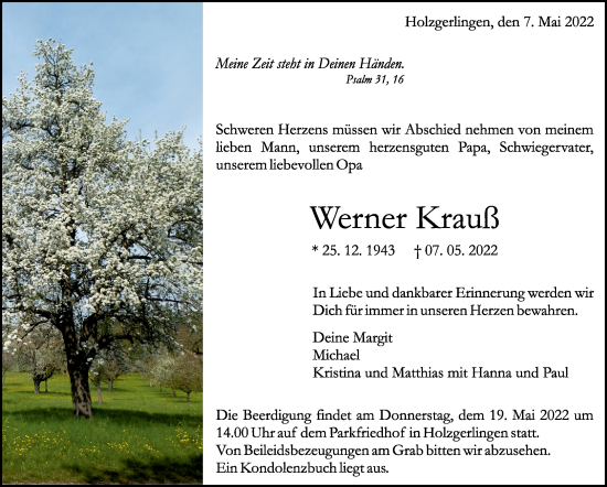 Traueranzeige von Werner Krauß von Leonberger Kreiszeitung / Strohgäu Extra