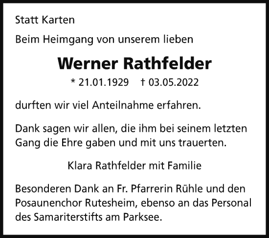 Traueranzeige von Werner Rathfelder von Leonberger Kreiszeitung / Strohgäu Extra