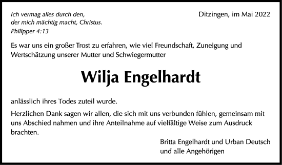 Traueranzeige von Wilja Engelhardt von Leonberger Kreiszeitung / Strohgäu Extra