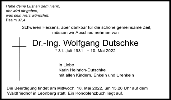Traueranzeige von Wolfgang Dutschke von Leonberger Kreiszeitung / Strohgäu Extra