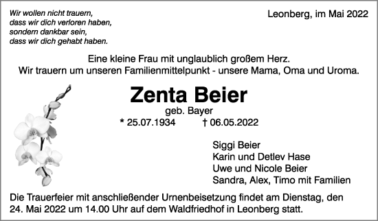 Traueranzeige von Zenta Beier von Leonberger Kreiszeitung / Strohgäu Extra
