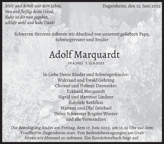 Traueranzeige von Adolf Marquardt von Leonberger Kreiszeitung / Strohgäu Extra