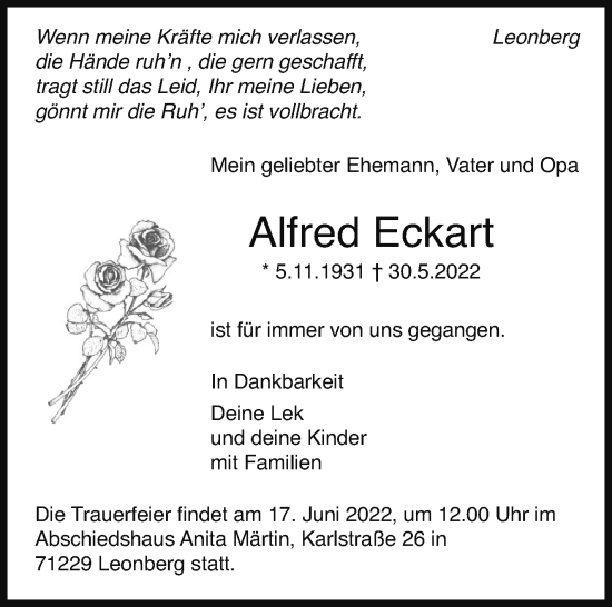 Traueranzeige von Alfred Eckart von Leonberger Kreiszeitung / Strohgäu Extra