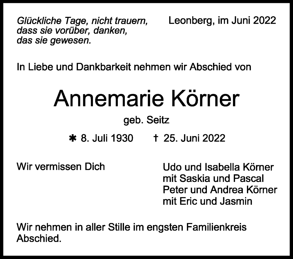  Traueranzeige für Annemarie Körner vom 29.06.2022 aus Leonberger Kreiszeitung / Strohgäu Extra