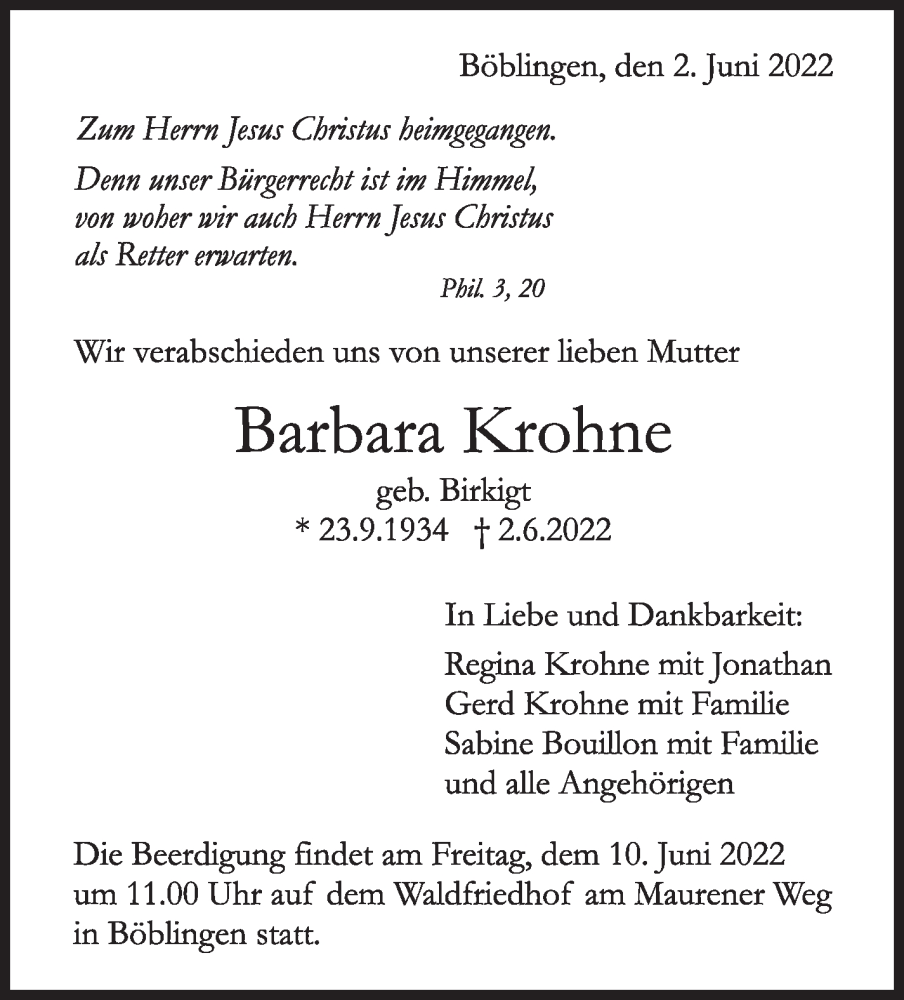  Traueranzeige für Barbara Krohne vom 04.06.2022 aus Leonberger Kreiszeitung / Strohgäu Extra