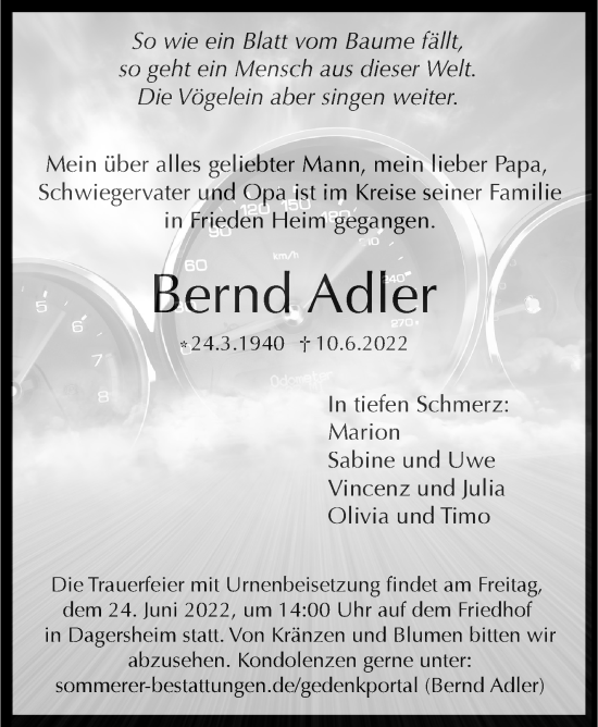 Traueranzeige von Bernd Adler von Leonberger Kreiszeitung / Strohgäu Extra