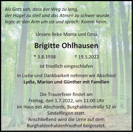 Traueranzeige von Brigitte Ohlhausen von Leonberger Kreiszeitung / Strohgäu Extra