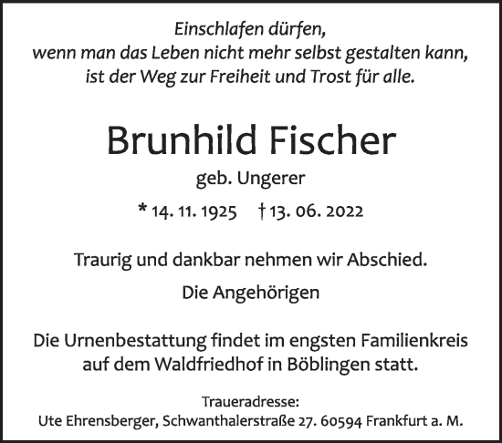 Traueranzeige von Brunhild Fischer von Leonberger Kreiszeitung / Strohgäu Extra