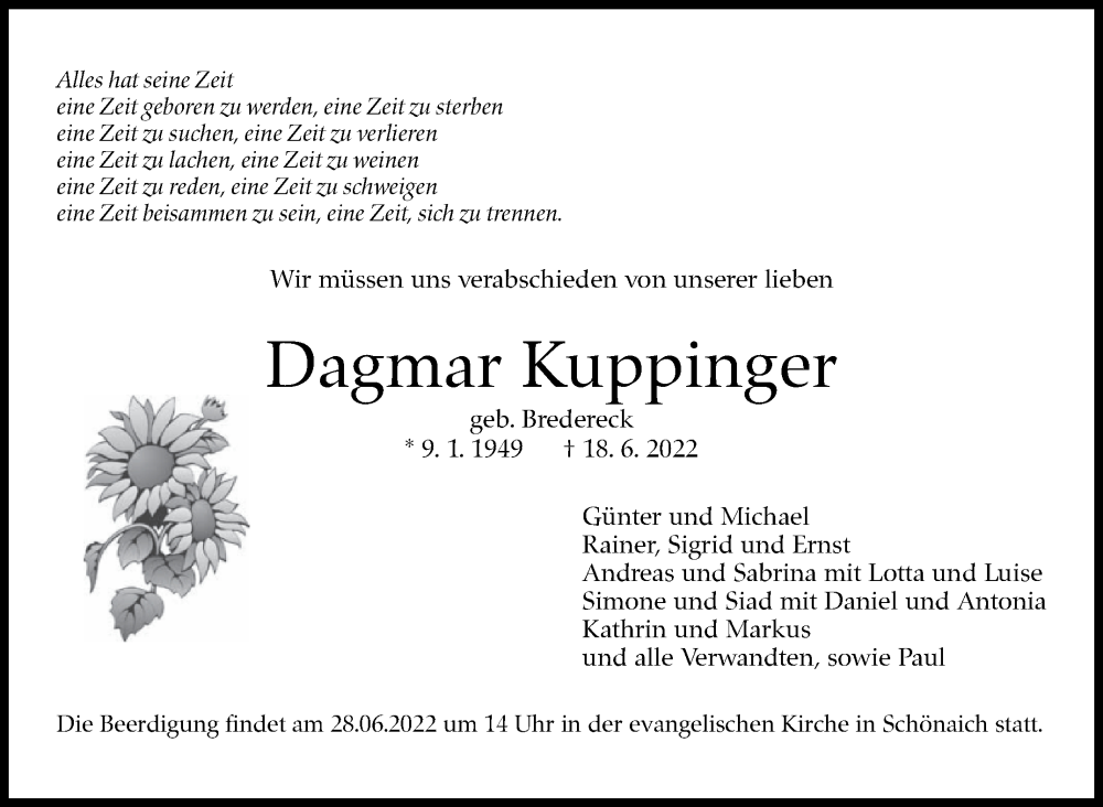  Traueranzeige für Dagmar Kuppinger vom 25.06.2022 aus Leonberger Kreiszeitung / Strohgäu Extra