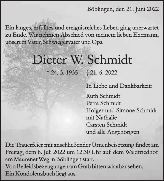 Traueranzeige von Dieter W. Schmidt von Leonberger Kreiszeitung / Strohgäu Extra