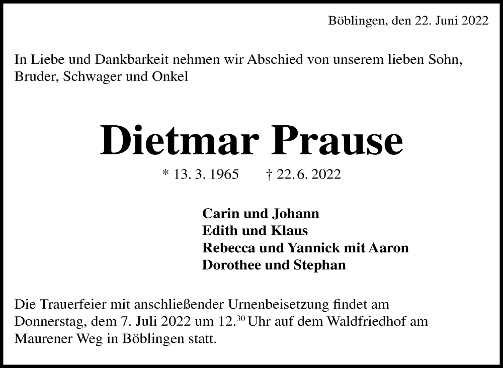  Traueranzeige für Dietmar Prause vom 30.06.2022 aus Leonberger Kreiszeitung / Strohgäu Extra