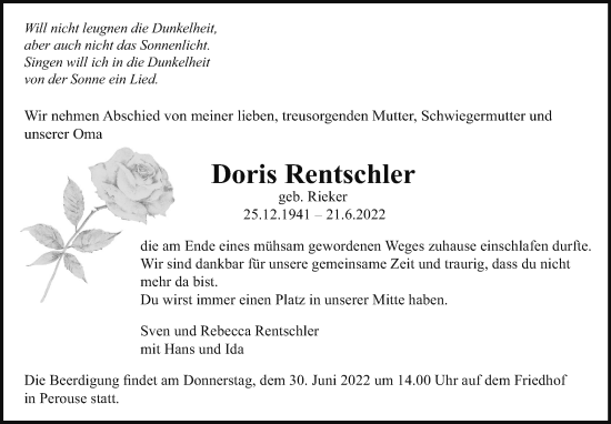 Traueranzeige von Doris Rentschler von Leonberger Kreiszeitung / Strohgäu Extra