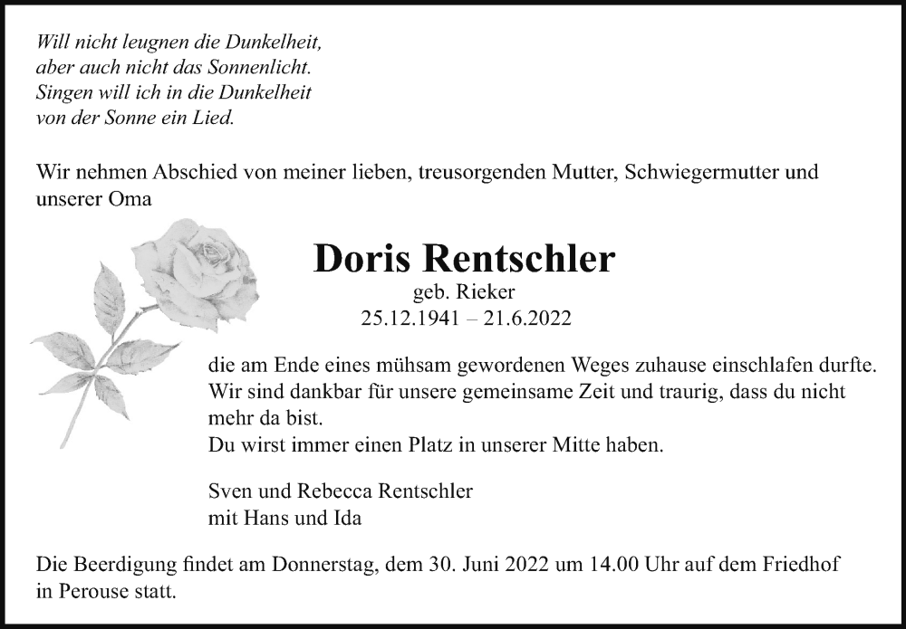  Traueranzeige für Doris Rentschler vom 25.06.2022 aus Leonberger Kreiszeitung / Strohgäu Extra