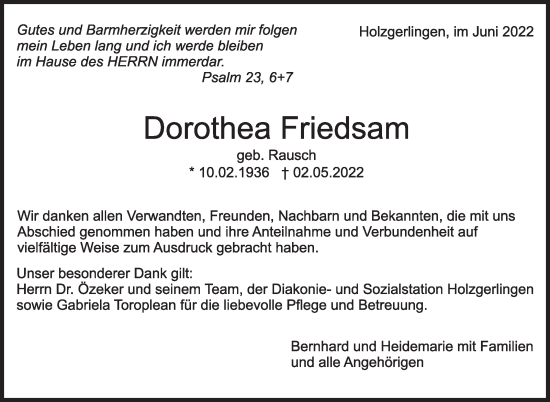Traueranzeige von Dorothea Friedsam von Leonberger Kreiszeitung / Strohgäu Extra