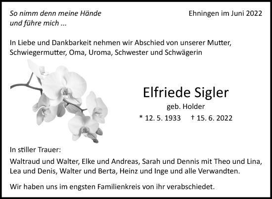 Traueranzeige von Elfriede Sigler von Leonberger Kreiszeitung / Strohgäu Extra