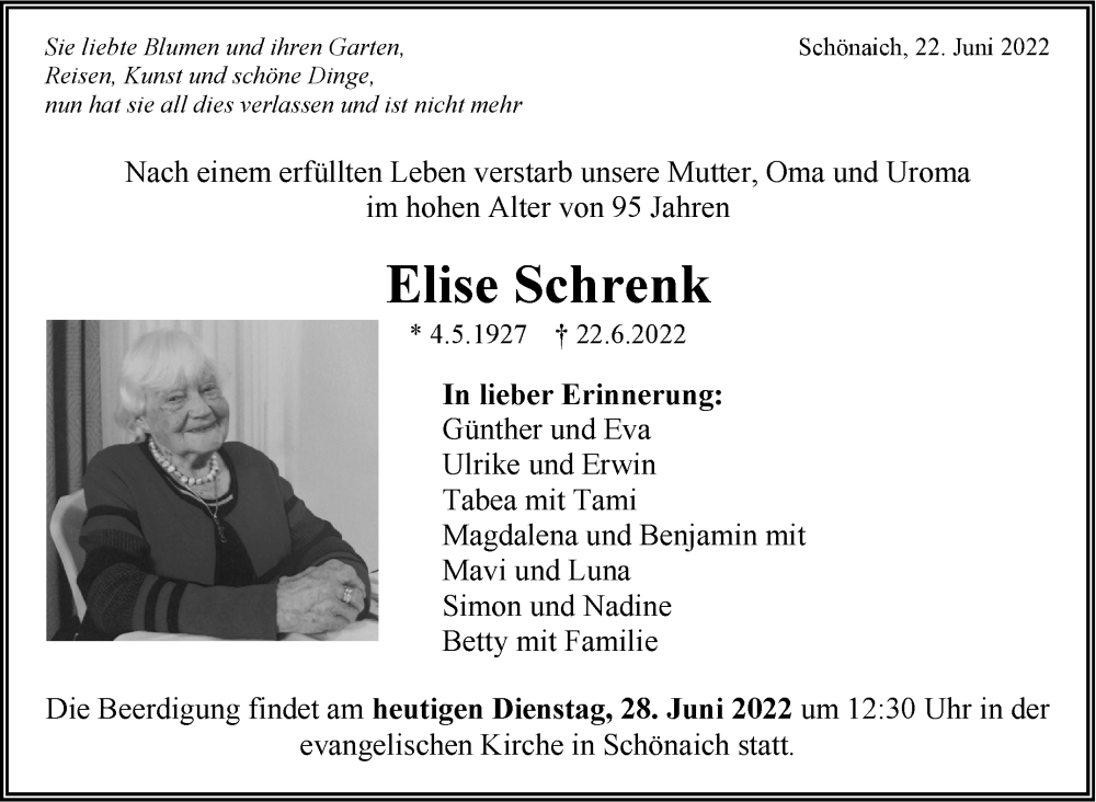  Traueranzeige für Elise Schrenk vom 28.06.2022 aus Leonberger Kreiszeitung / Strohgäu Extra