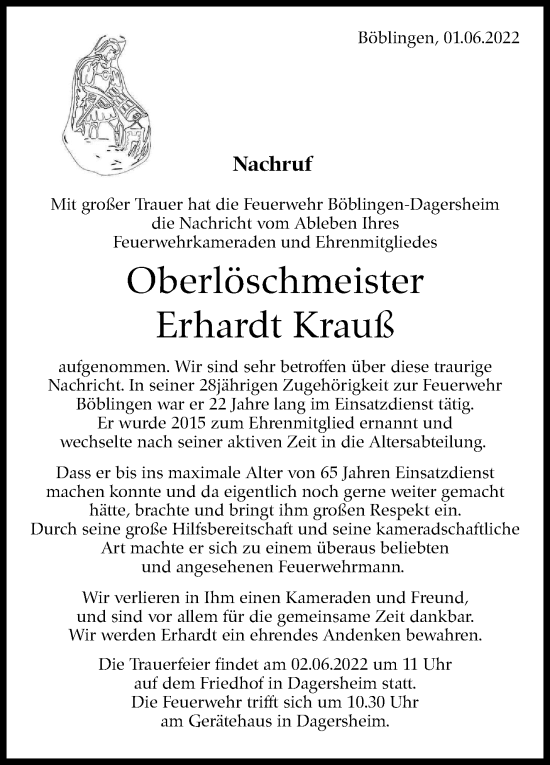 Traueranzeige von Erhardt Krauß von Leonberger Kreiszeitung / Strohgäu Extra