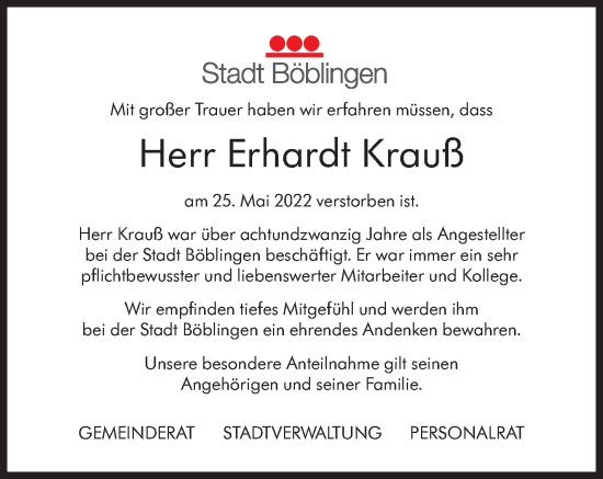 Traueranzeige von Erhardt Krauß von Leonberger Kreiszeitung / Strohgäu Extra