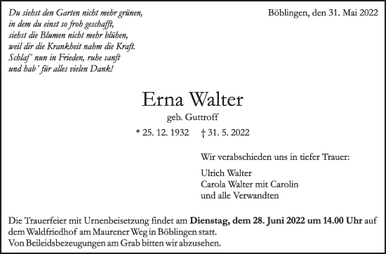 Traueranzeige von Erna Walter von Leonberger Kreiszeitung / Strohgäu Extra