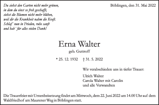 Traueranzeige von Erna Walter von Leonberger Kreiszeitung / Strohgäu Extra
