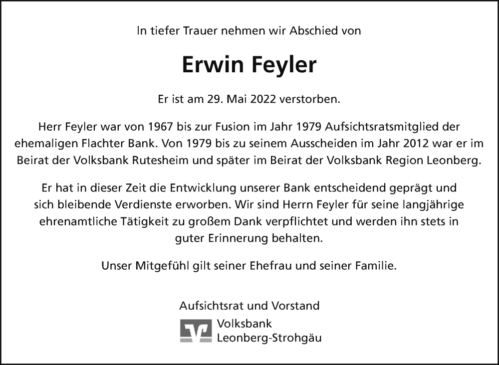  Traueranzeige für Erwin Feyler vom 02.06.2022 aus Leonberger Kreiszeitung / Strohgäu Extra
