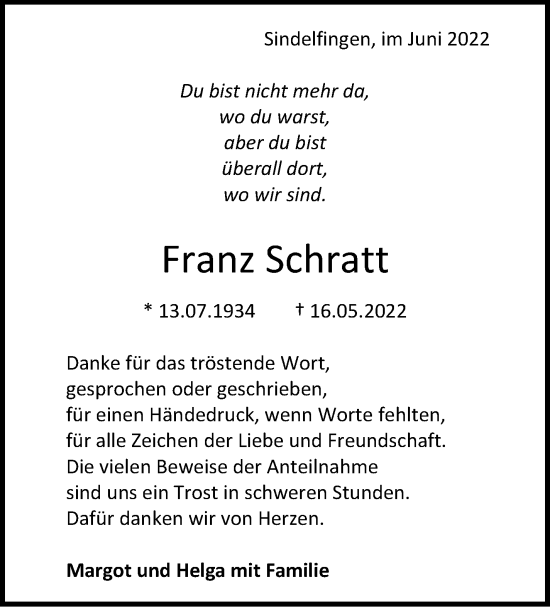 Traueranzeige von Franz Schratt von Leonberger Kreiszeitung / Strohgäu Extra