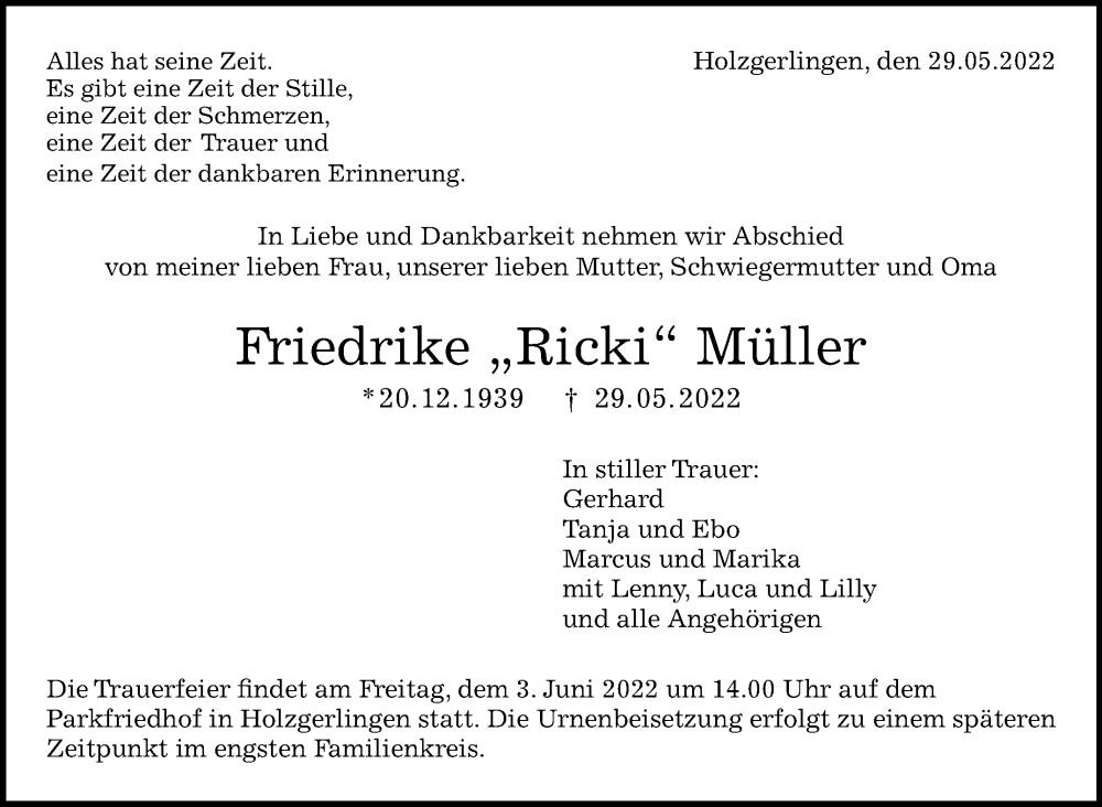  Traueranzeige für Friedrike Müller vom 01.06.2022 aus Leonberger Kreiszeitung / Strohgäu Extra