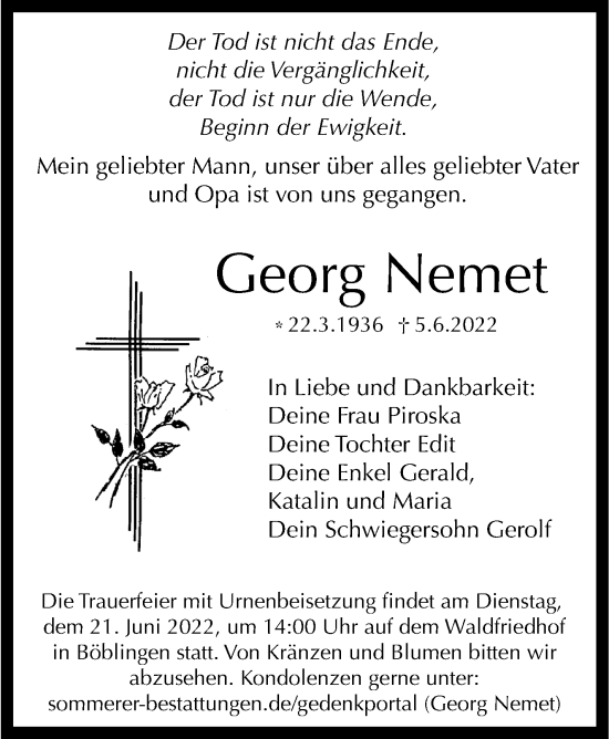 Traueranzeige von Georg Nemet von Leonberger Kreiszeitung / Strohgäu Extra