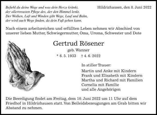 Traueranzeige von Gertrud Rösener von Leonberger Kreiszeitung / Strohgäu Extra