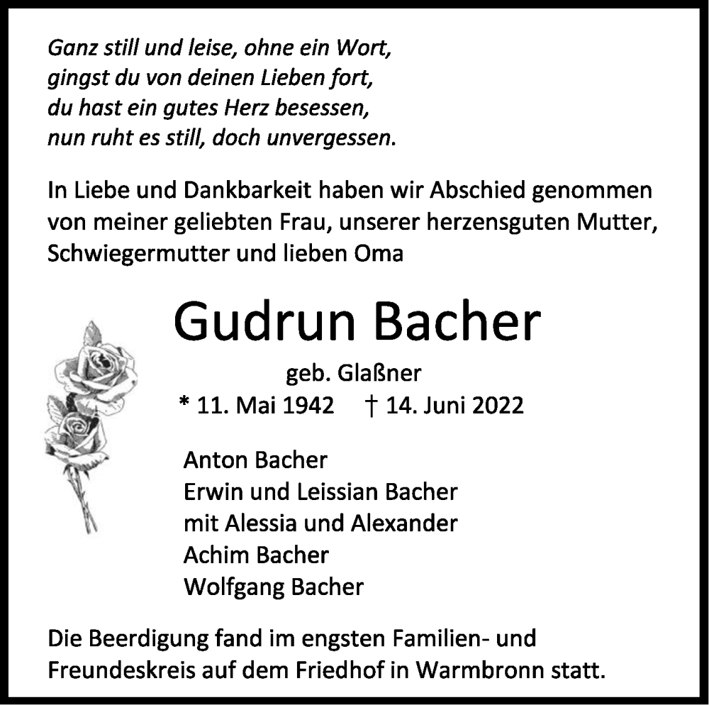  Traueranzeige für Gudrun Bacher vom 25.06.2022 aus Leonberger Kreiszeitung / Strohgäu Extra