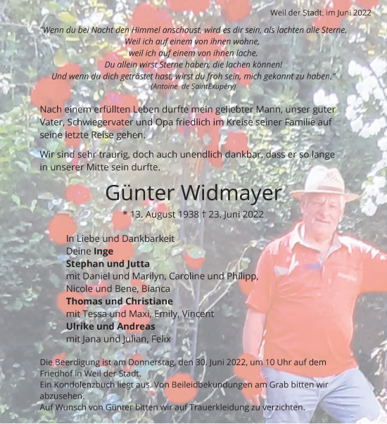 Traueranzeige von Günter Widmayer von Leonberger Kreiszeitung / Strohgäu Extra