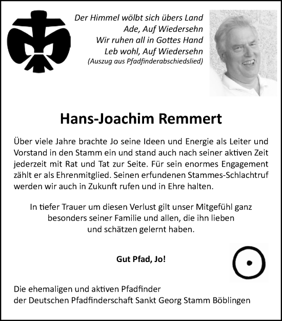 Traueranzeige von Hans-Joachim Remmert von Leonberger Kreiszeitung / Strohgäu Extra