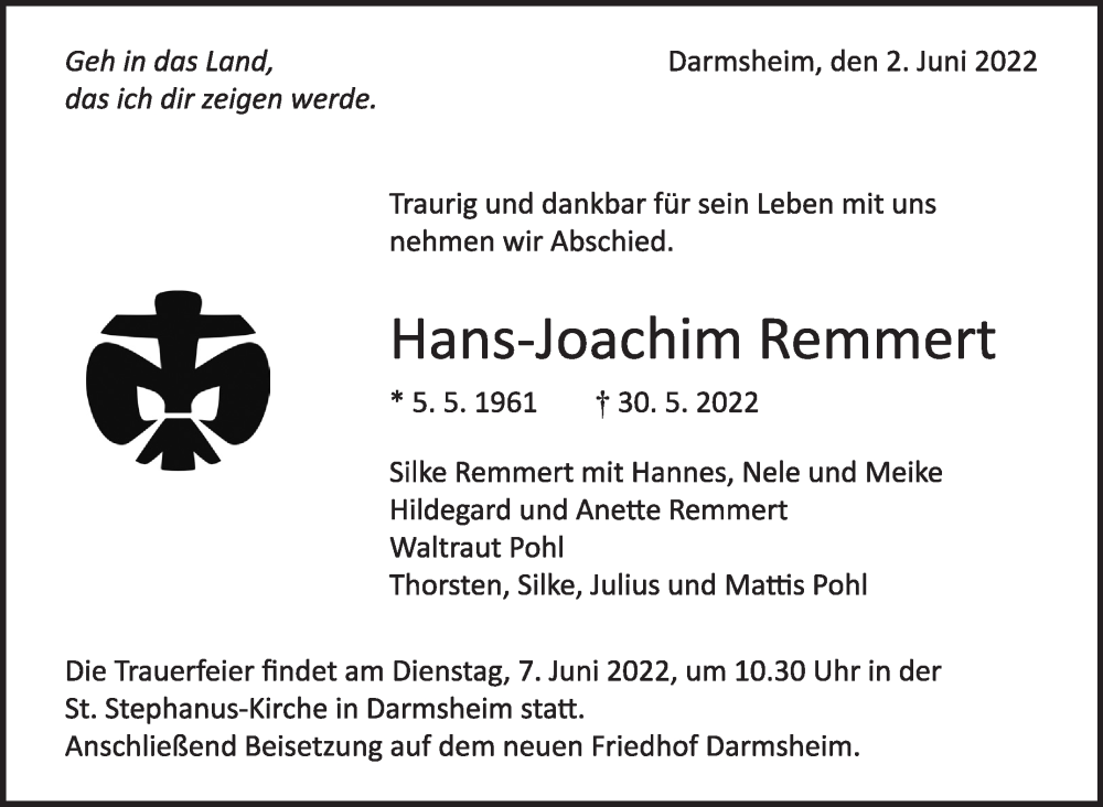  Traueranzeige für Hans-Joachim Remmert vom 02.06.2022 aus Leonberger Kreiszeitung / Strohgäu Extra