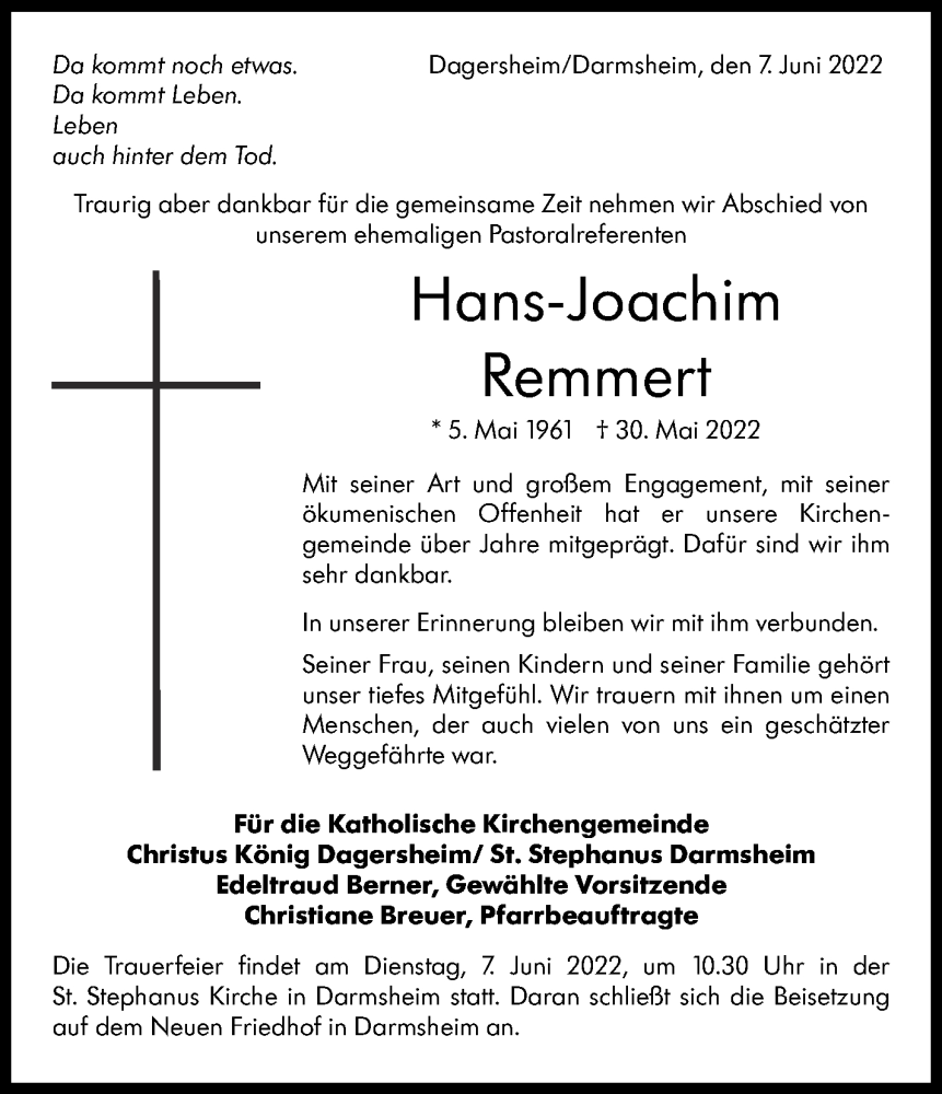  Traueranzeige für Hans-Joachim Remmert vom 07.06.2022 aus Leonberger Kreiszeitung / Strohgäu Extra