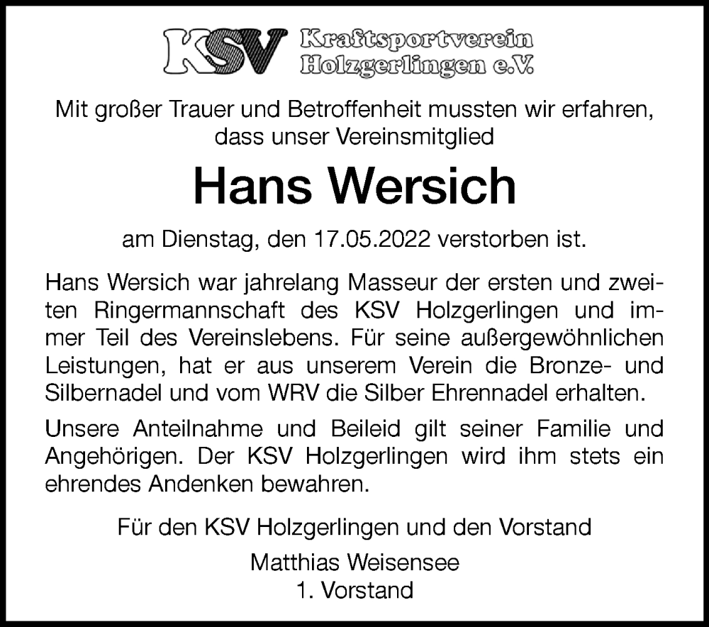  Traueranzeige für Hans Wersich vom 03.06.2022 aus Leonberger Kreiszeitung / Strohgäu Extra