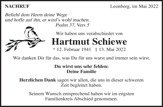 Traueranzeige von Hartmut Schiewe von Leonberger Kreiszeitung / Strohgäu Extra
